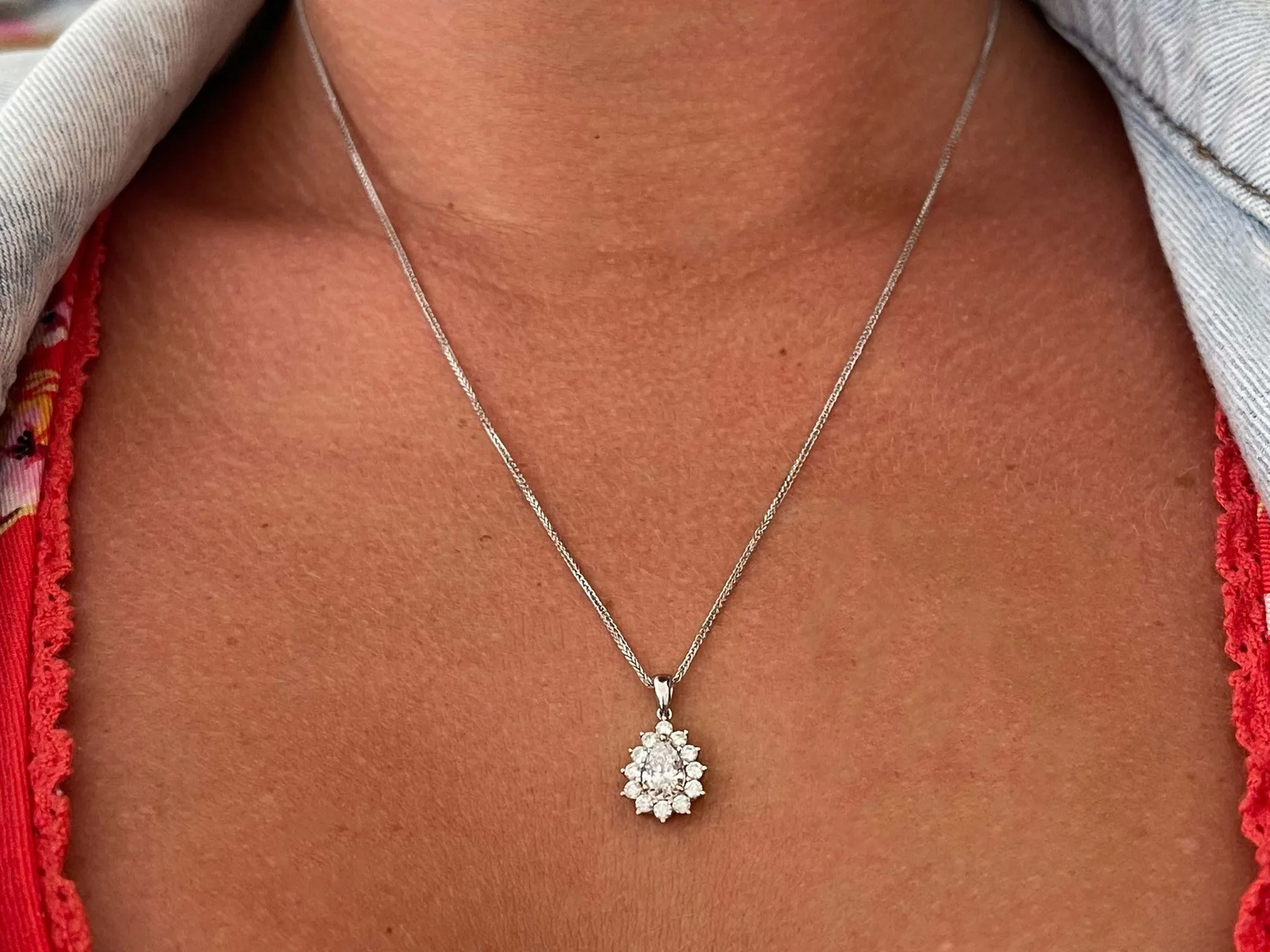 Pear Shaped Diamond Halo Pendant in 18k White Gold with Chain