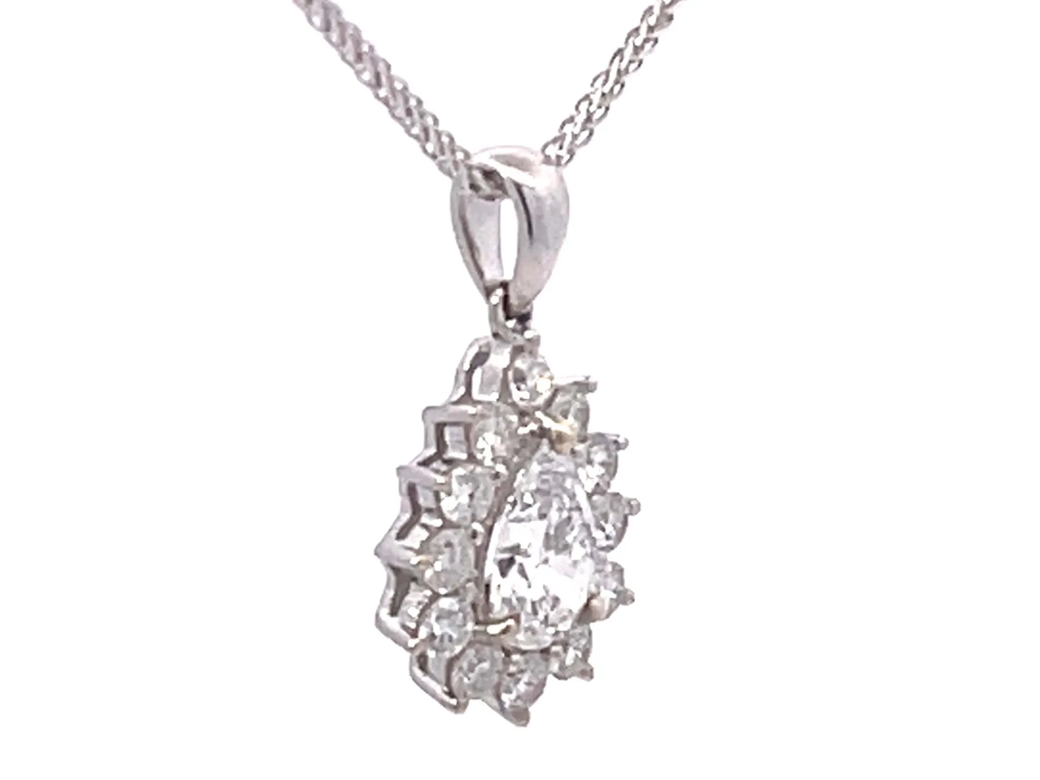 Pear Shaped Diamond Halo Pendant in 18k White Gold with Chain