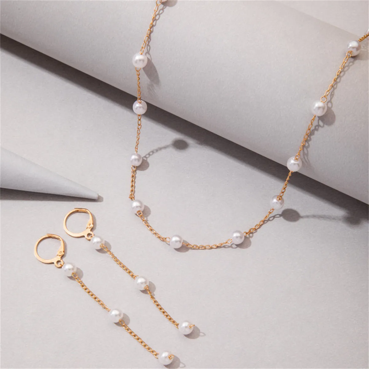 Pearl & 18K Gold-Plated Huggie Earrings & Necklace Set