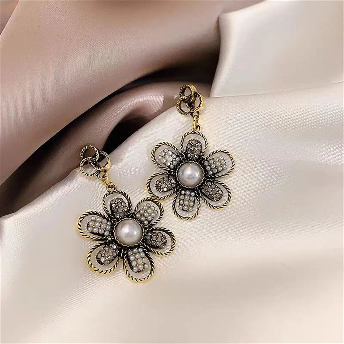 Pearl & Cubic Zirconia 18K Gold-Plated Flower Drop Earrings