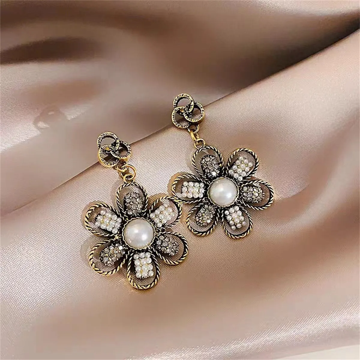 Pearl & Cubic Zirconia 18K Gold-Plated Flower Drop Earrings