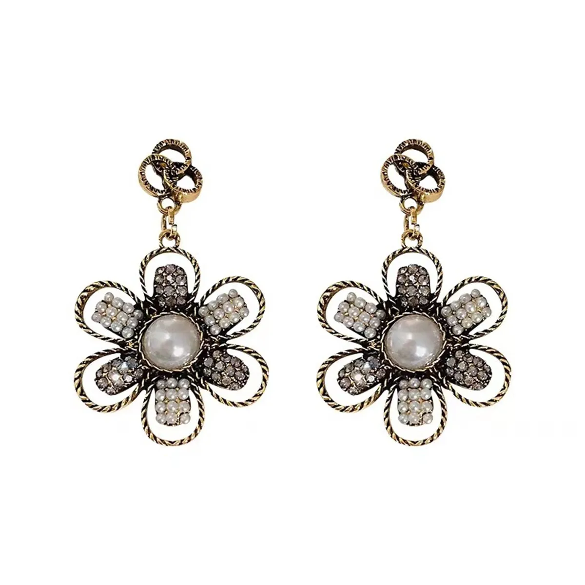 Pearl & Cubic Zirconia 18K Gold-Plated Flower Drop Earrings