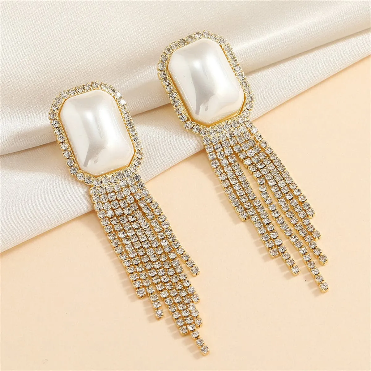 Pearl & Cubic Zirconia 18K Gold-Plated Rectangle Tassel Drop Earrings