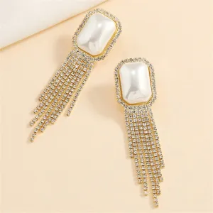 Pearl & Cubic Zirconia 18K Gold-Plated Rectangle Tassel Drop Earrings