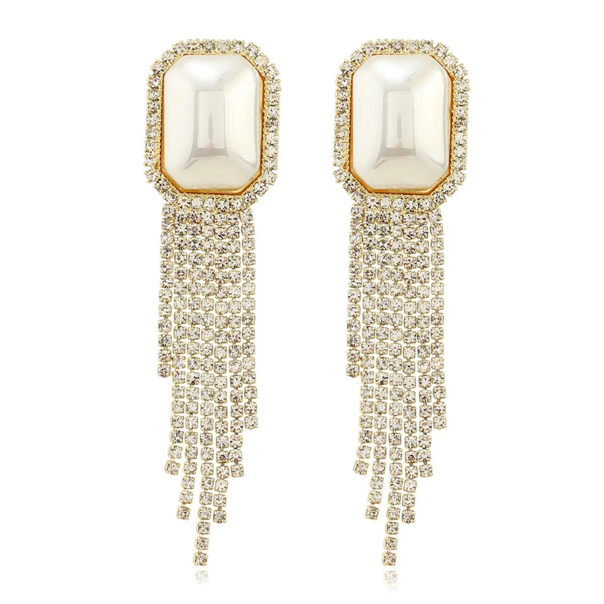 Pearl & Cubic Zirconia 18K Gold-Plated Rectangle Tassel Drop Earrings