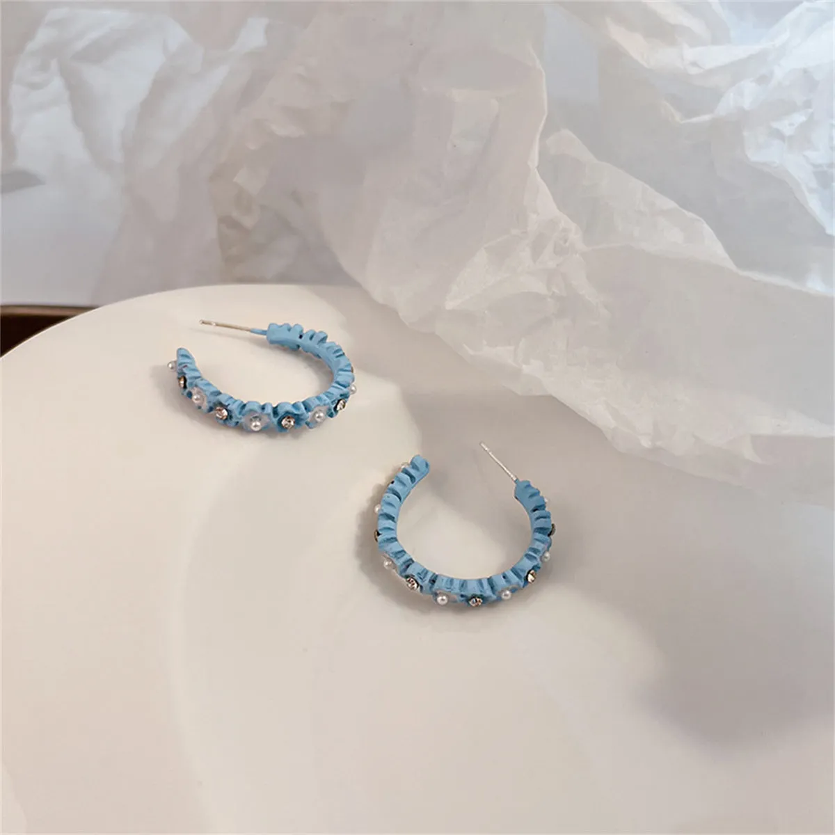 Pearl & Cubic Zirconia Blue Flower Huggie Earrings