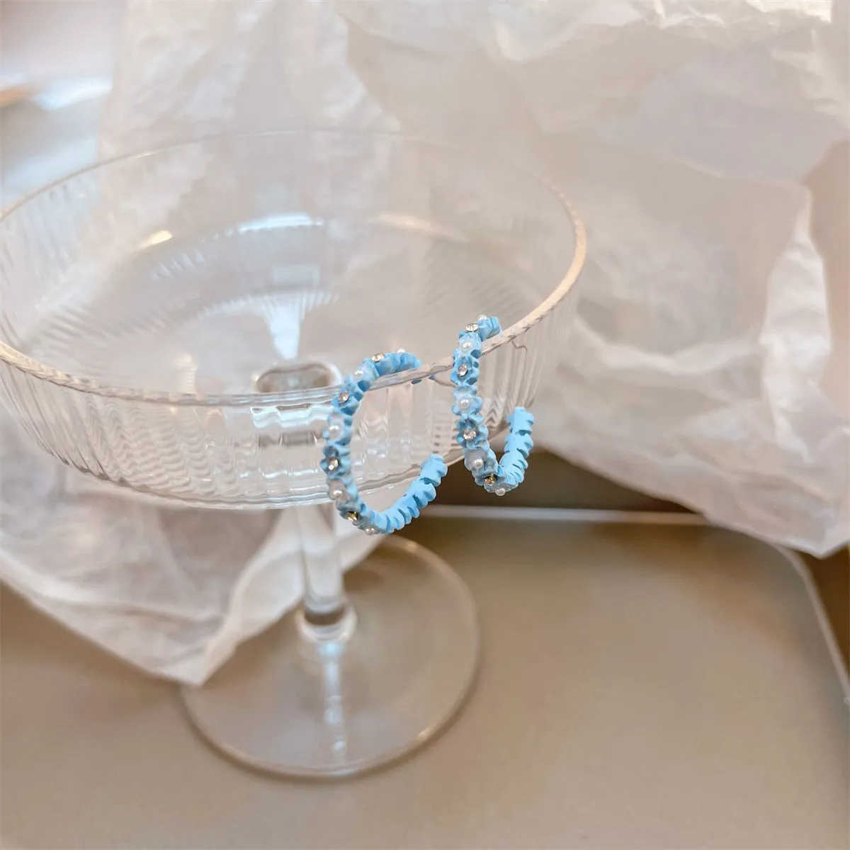 Pearl & Cubic Zirconia Blue Flower Huggie Earrings