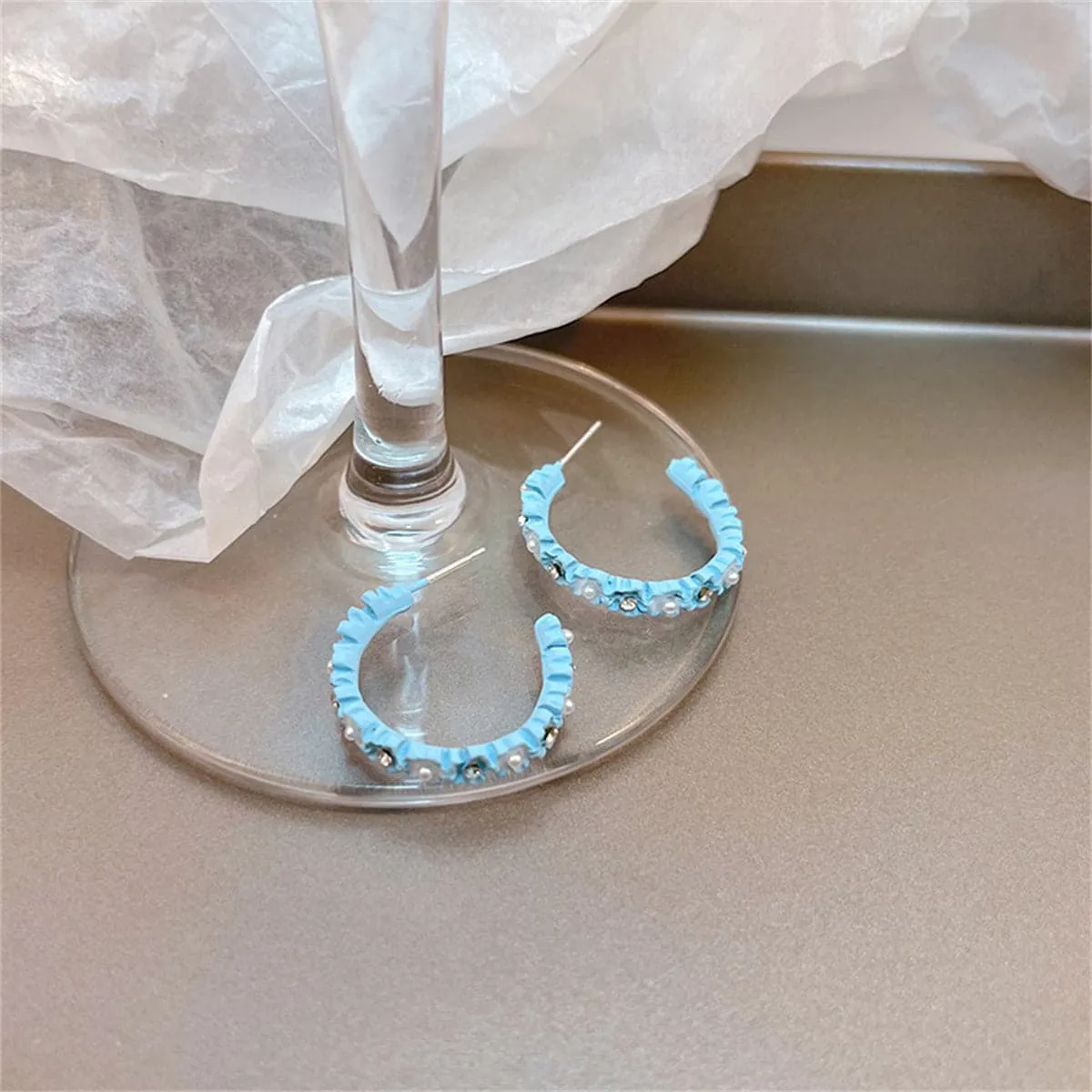 Pearl & Cubic Zirconia Blue Flower Huggie Earrings