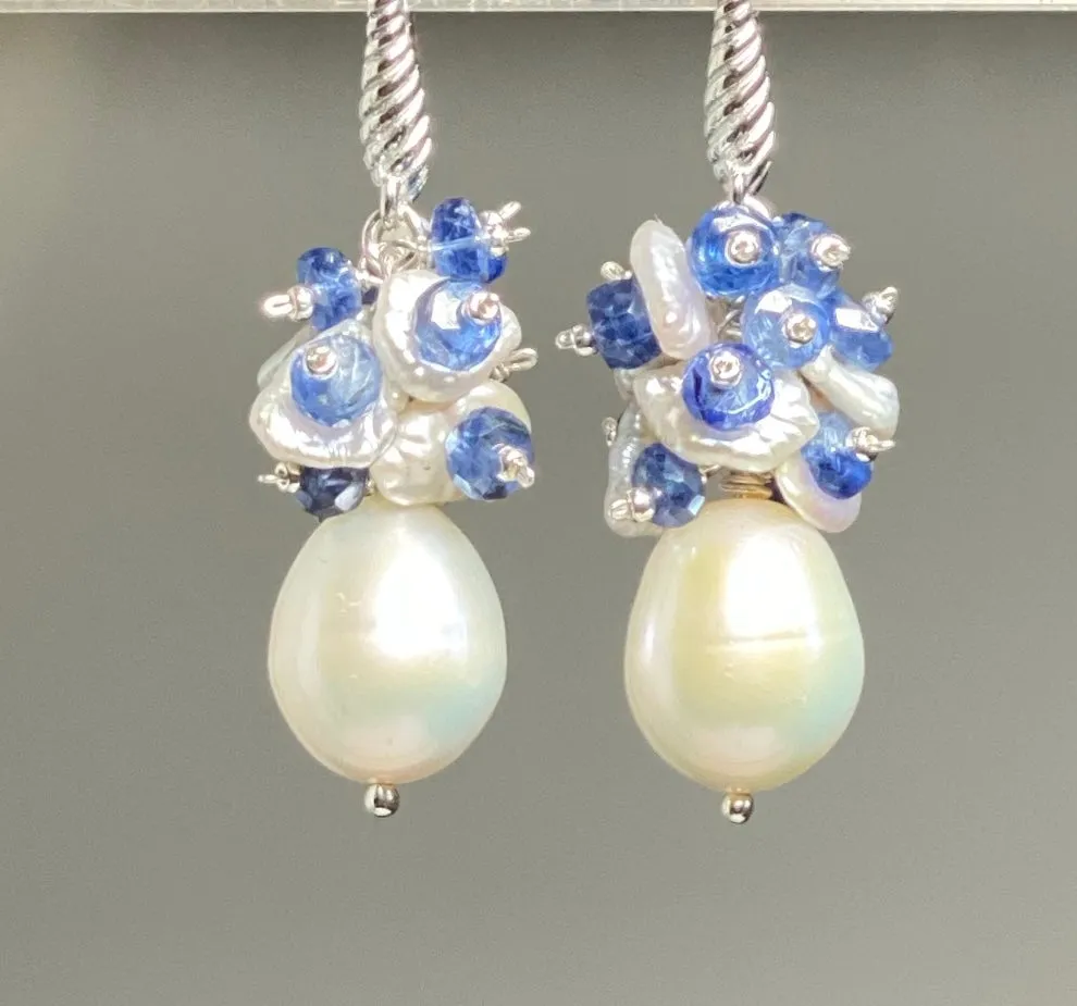 Pearl and Blue Gem Kyanite Cluster Earrings Sterling Silver