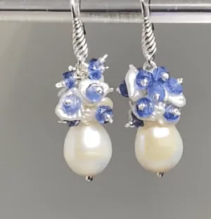 Pearl and Blue Gem Kyanite Cluster Earrings Sterling Silver
