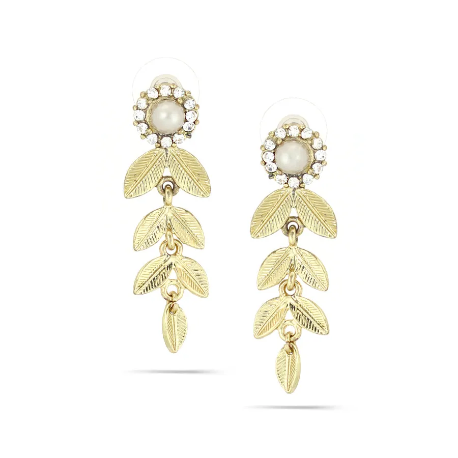 PEARL AND CRYSTAL GOLD LEAF DROP EARRINGS #242BR3301 (1D16/1C1)