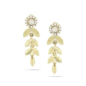 PEARL AND CRYSTAL GOLD LEAF DROP EARRINGS #242BR3301 (1D16/1C1)