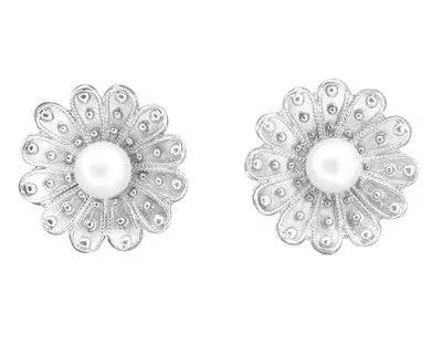 Pearl Stud Victorian Sunflower Earrings in 14K White Gold