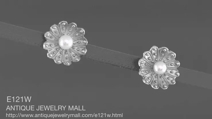Pearl Stud Victorian Sunflower Earrings in 14K White Gold