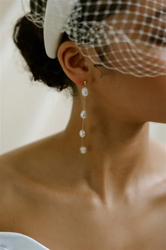 Penelope Baroque Pearl Long Drop Earrings - Silver/Gold