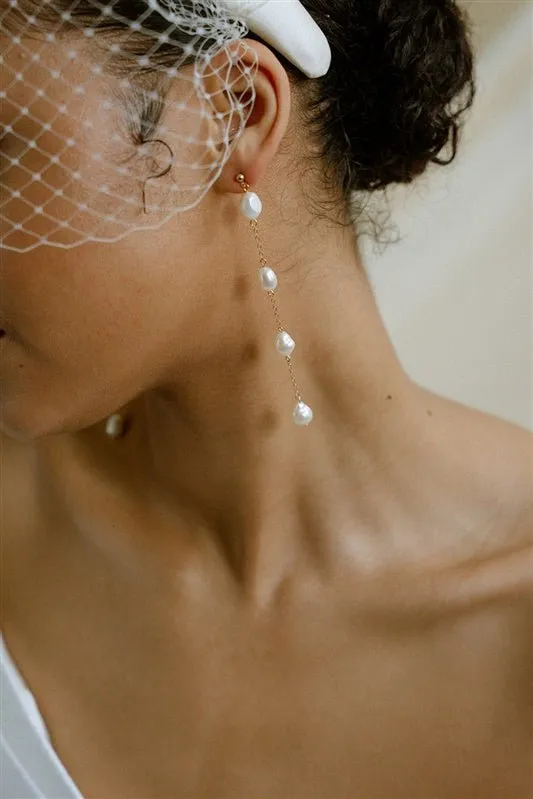 Penelope Baroque Pearl Long Drop Earrings - Silver/Gold