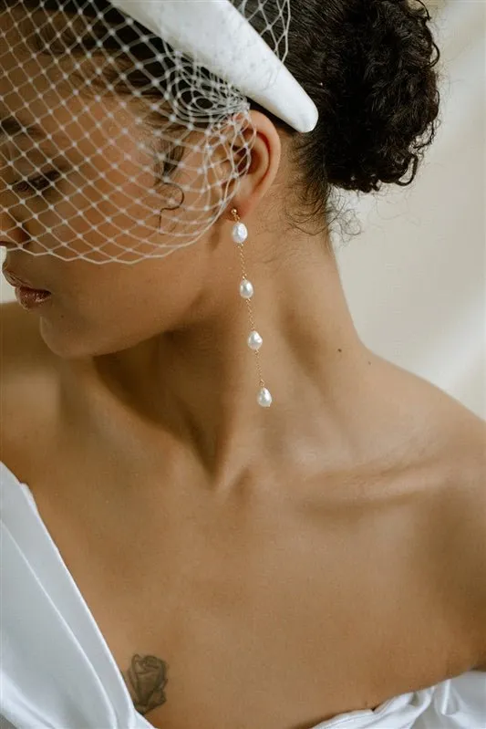 Penelope Baroque Pearl Long Drop Earrings - Silver/Gold