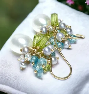 Peridot Pearl Cluster Earrings Blue Zircon
