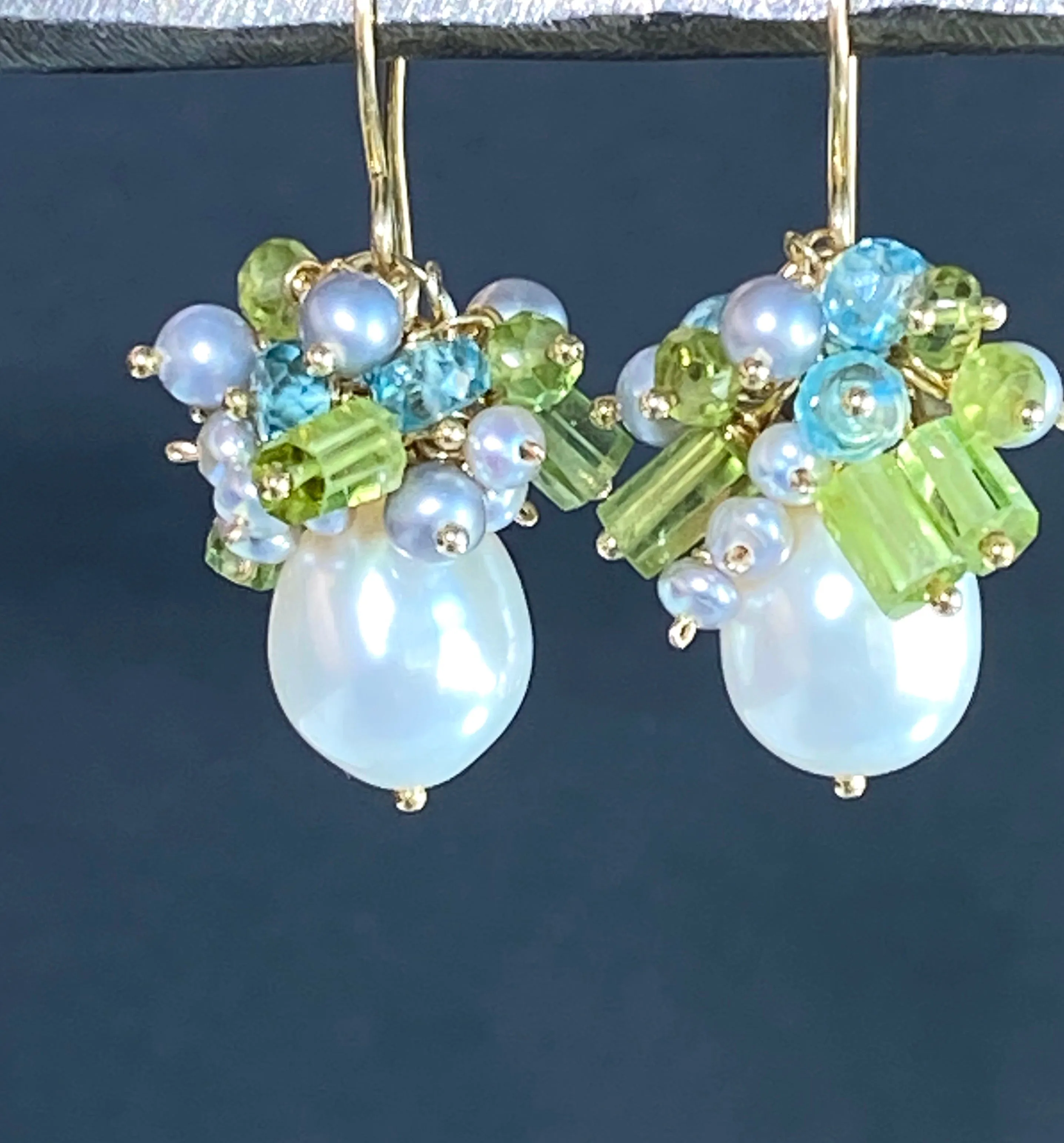 Peridot Pearl Cluster Earrings Blue Zircon