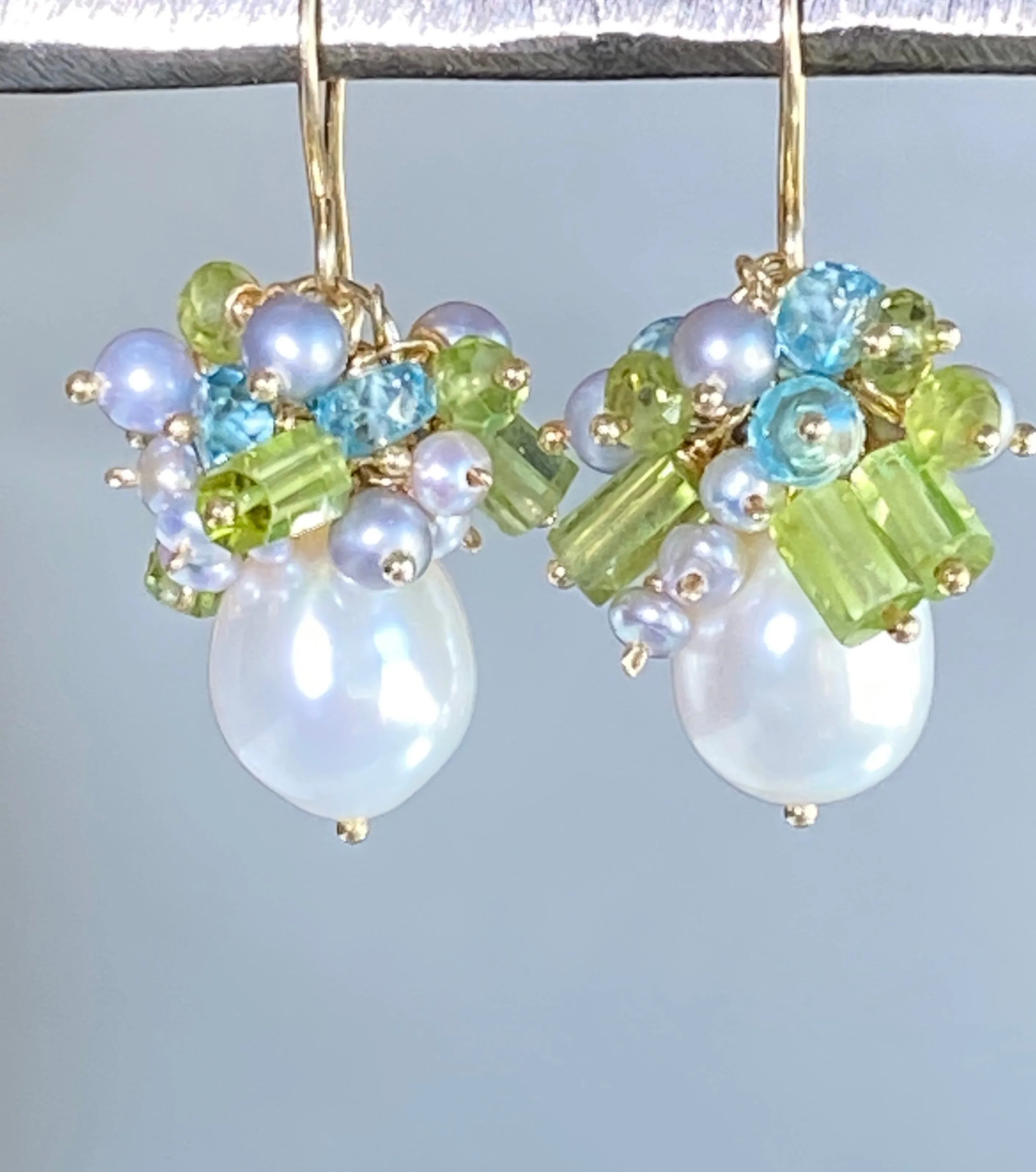 Peridot Pearl Cluster Earrings Blue Zircon