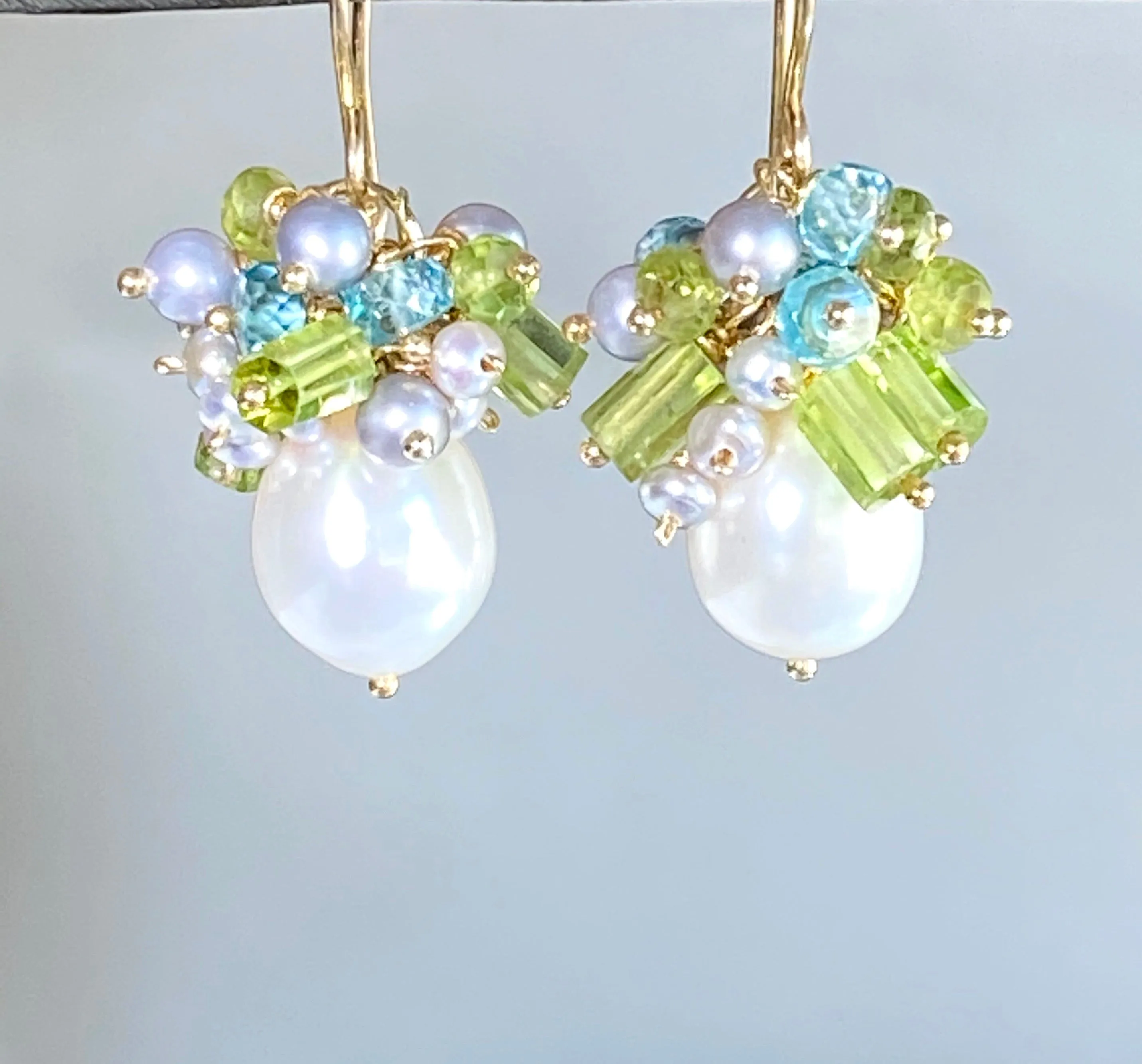 Peridot Pearl Cluster Earrings Blue Zircon