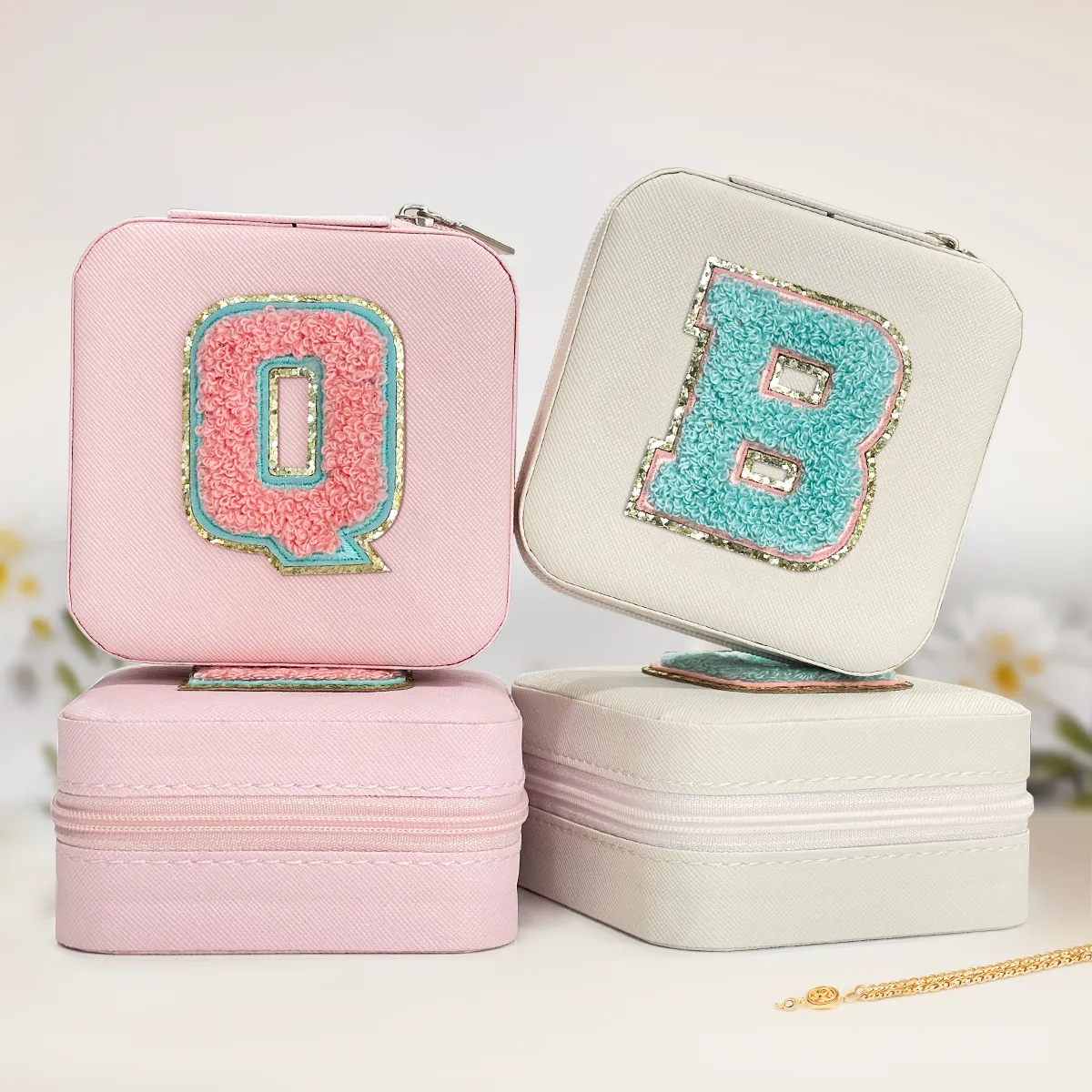 Personalized Jewelry Box, Pink Travel Jewelry Box with Initial B, Small Monogrammed Jewelry Case Organizer for Girls Women Teen Kids, Mini Travel Essentials Gifts for Birthday Christmas