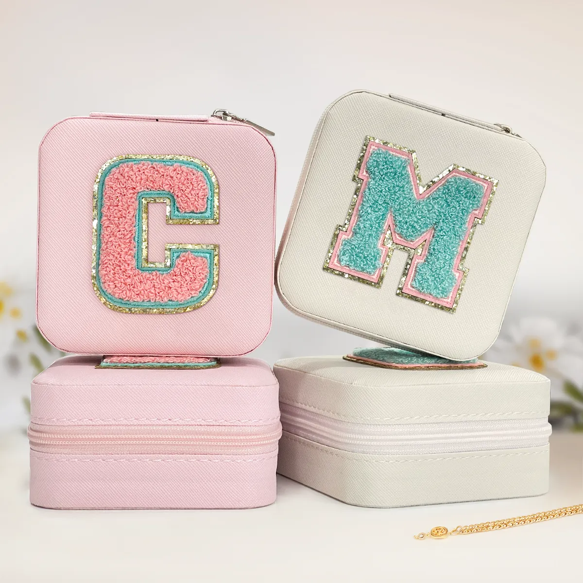 Personalized Jewelry Box, Pink Travel Jewelry Box with Initial C, Small Monogrammed Jewelry Case Organizer for Girls Women Teen Kids, Mini Travel Essentials Gifts for Birthday Christmas