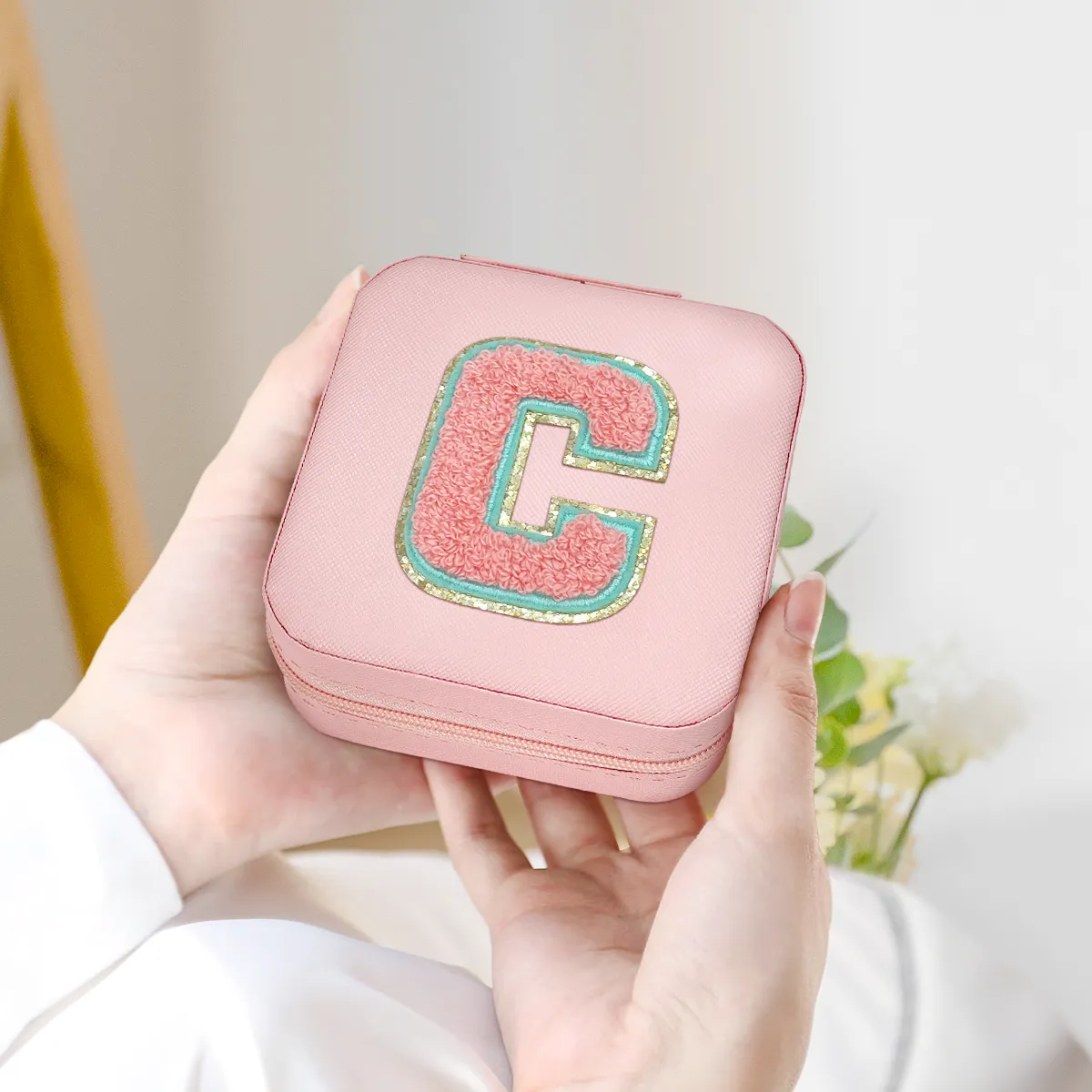 Personalized Jewelry Box, Pink Travel Jewelry Box with Initial C, Small Monogrammed Jewelry Case Organizer for Girls Women Teen Kids, Mini Travel Essentials Gifts for Birthday Christmas