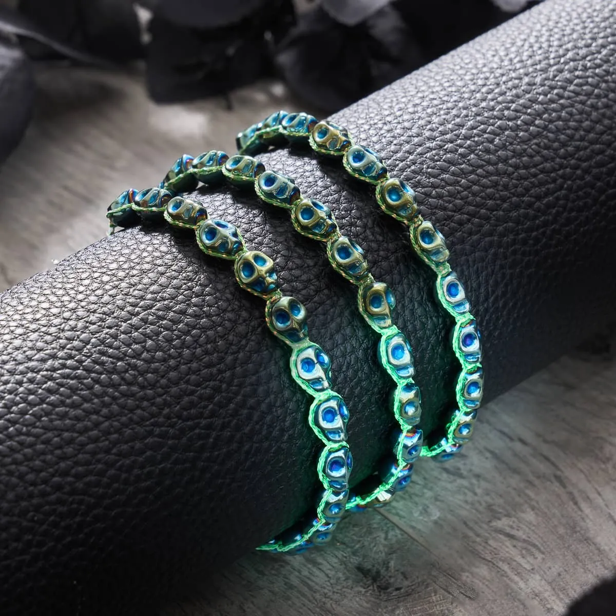 Phantom Tides | Teal Skulls x Teal GloWeave | Macrame Bracelet