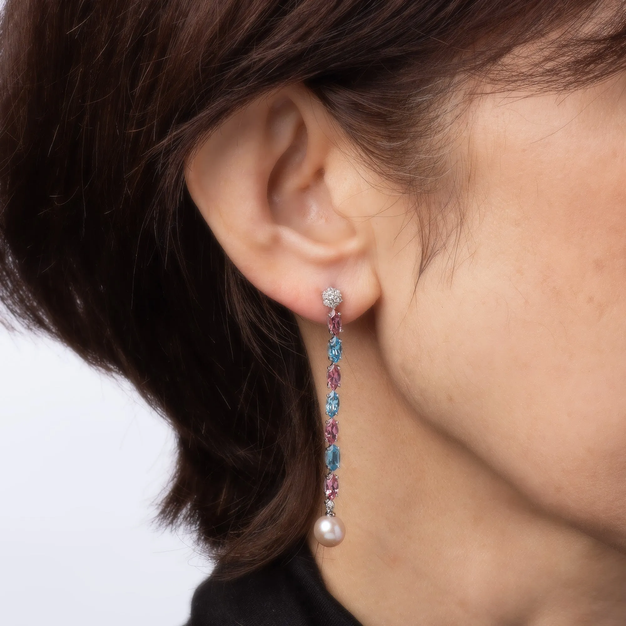 Pink & Blue Topaz Long Drop Earrings 2.25" Pearl Diamond Estate 14k White Gold