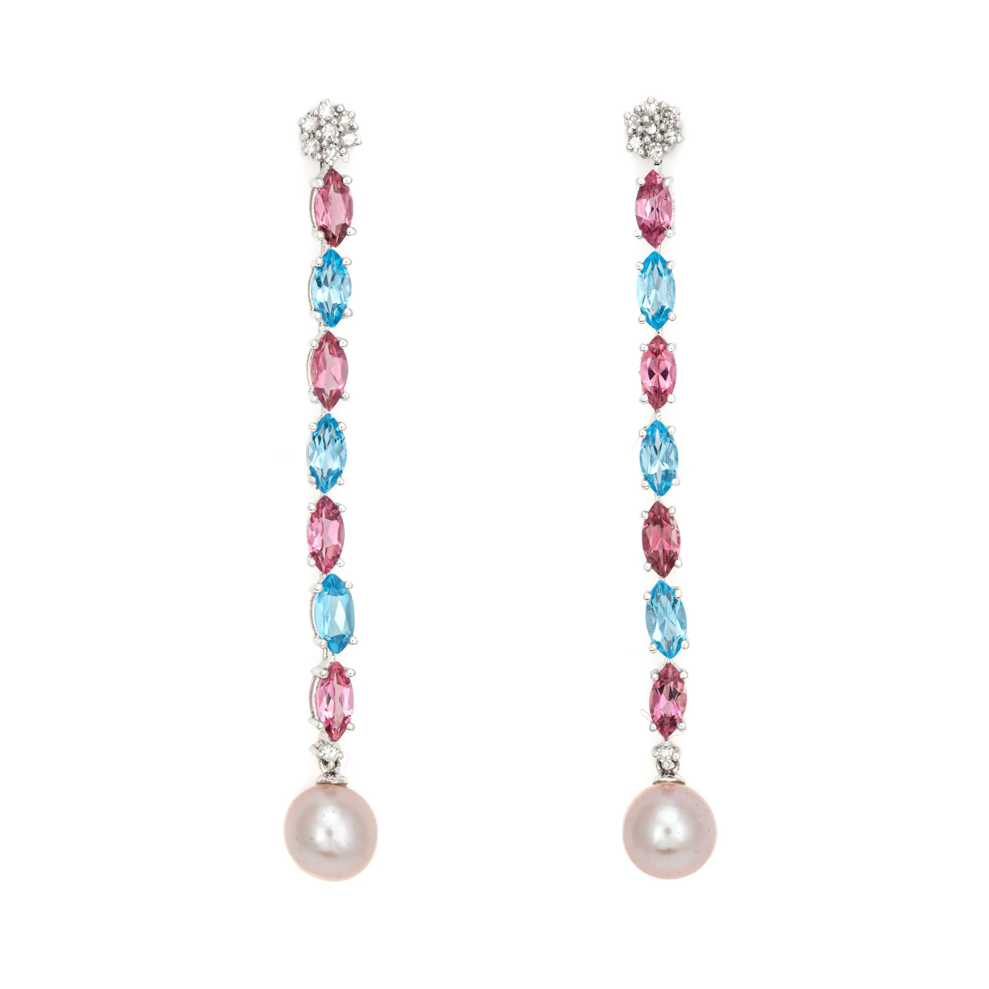 Pink & Blue Topaz Long Drop Earrings 2.25" Pearl Diamond Estate 14k White Gold