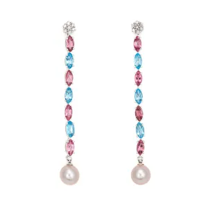 Pink & Blue Topaz Long Drop Earrings 2.25" Pearl Diamond Estate 14k White Gold