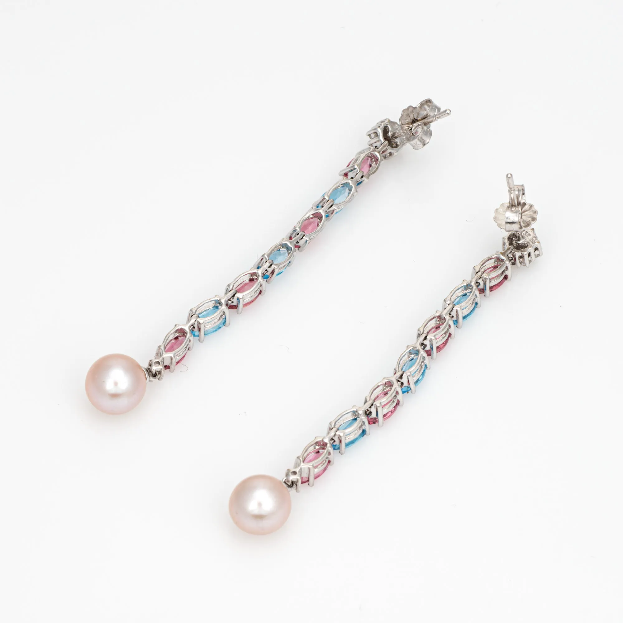 Pink & Blue Topaz Long Drop Earrings 2.25" Pearl Diamond Estate 14k White Gold
