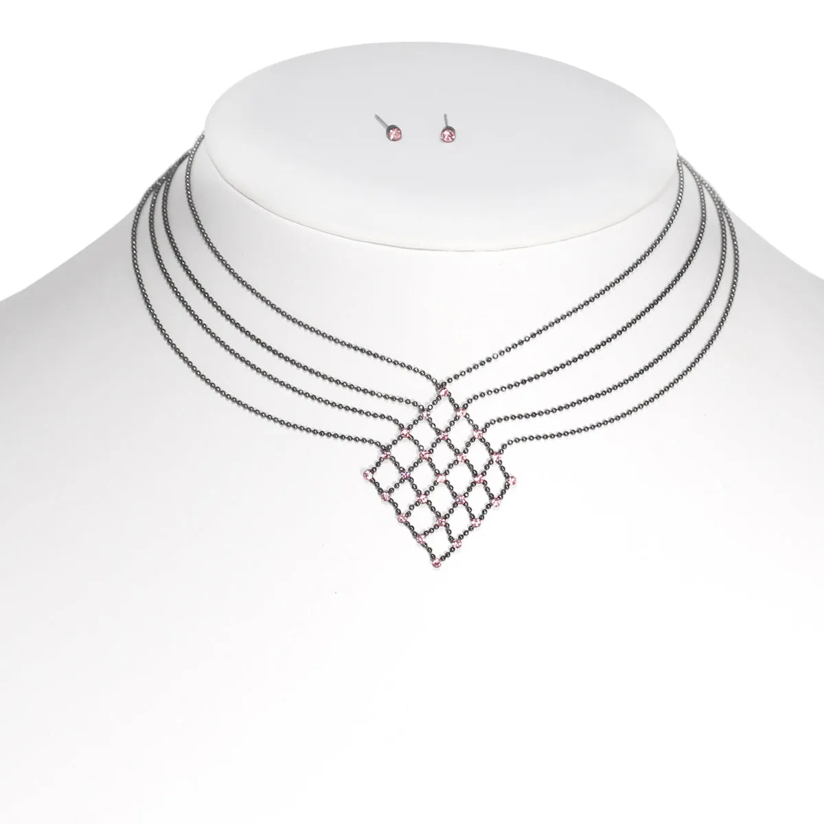 PINK CRYSTAL HEMATITE CHOKER NECKLACE AND EARRINGS SET #SS22290NE53 (SHA12)