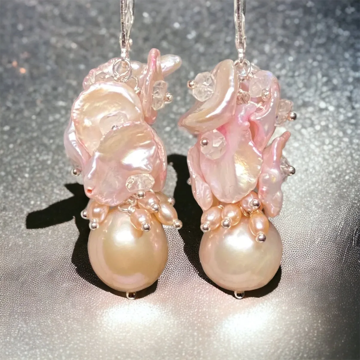 Pink Pearl Cluster Earrings, Blush Pink Keishi Pearls, Sterling Silver