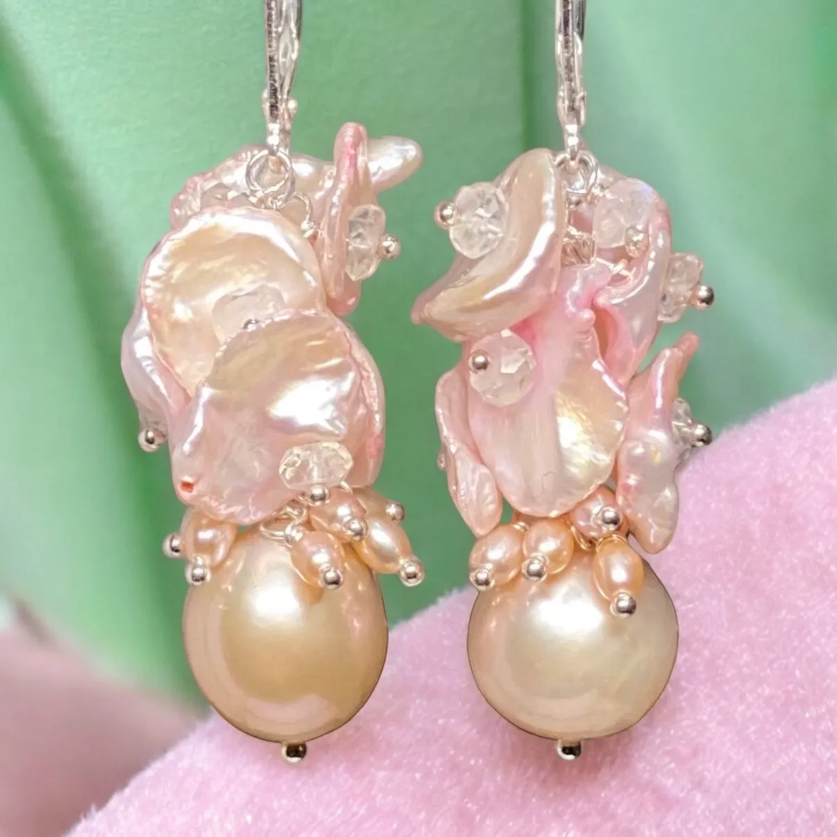 Pink Pearl Cluster Earrings, Blush Pink Keishi Pearls, Sterling Silver