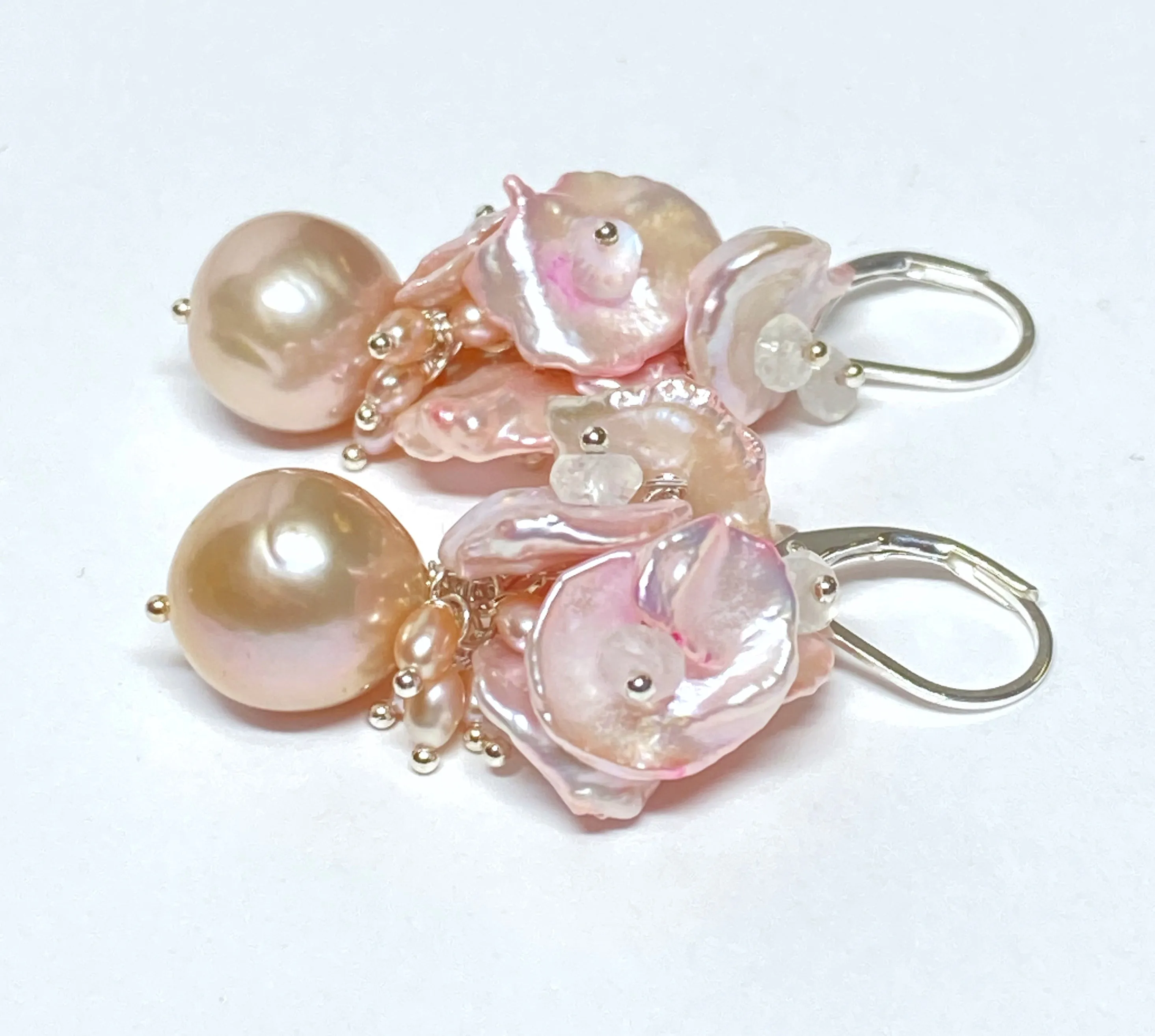 Pink Pearl Cluster Earrings, Blush Pink Keishi Pearls, Sterling Silver