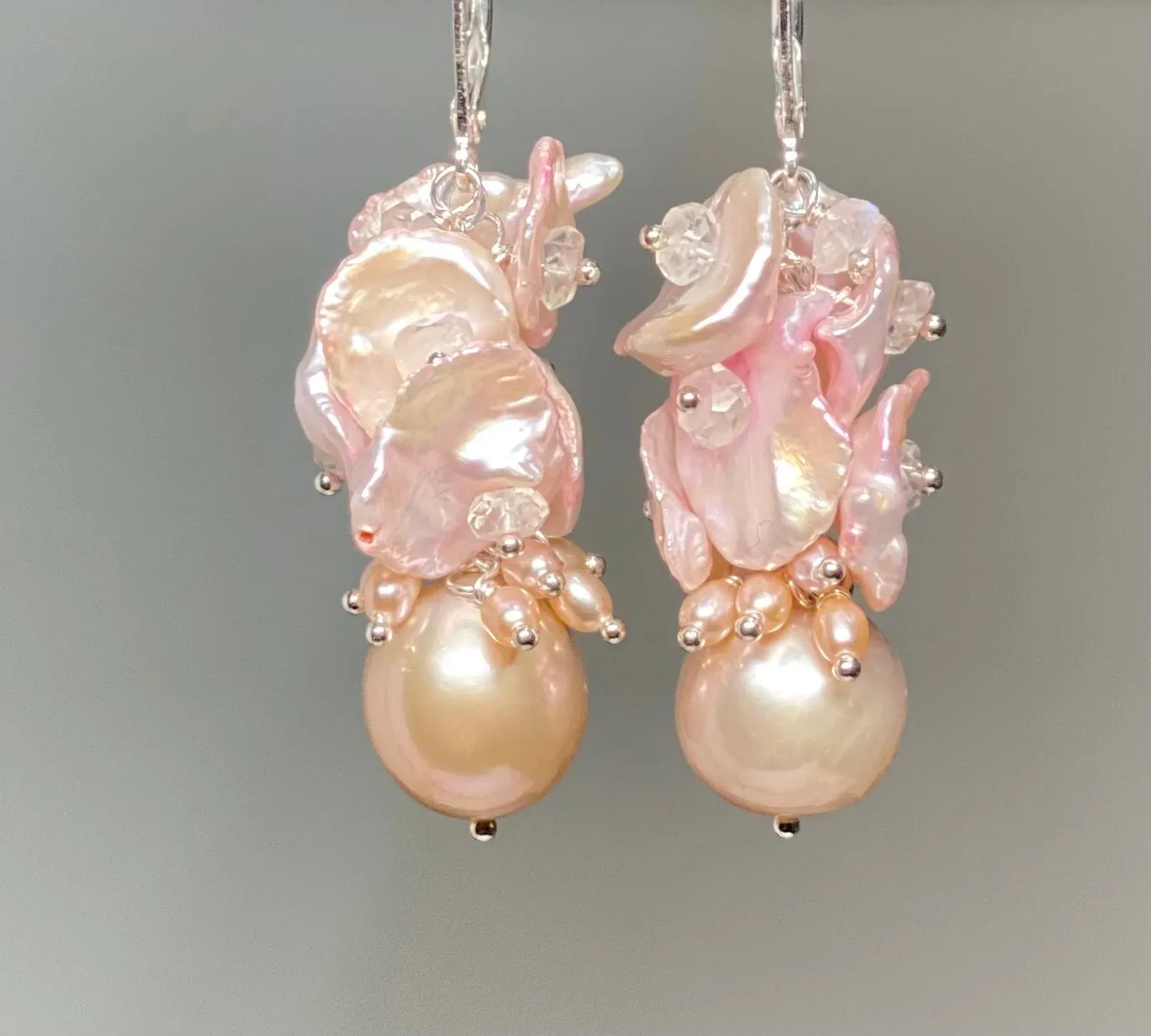 Pink Pearl Cluster Earrings, Blush Pink Keishi Pearls, Sterling Silver