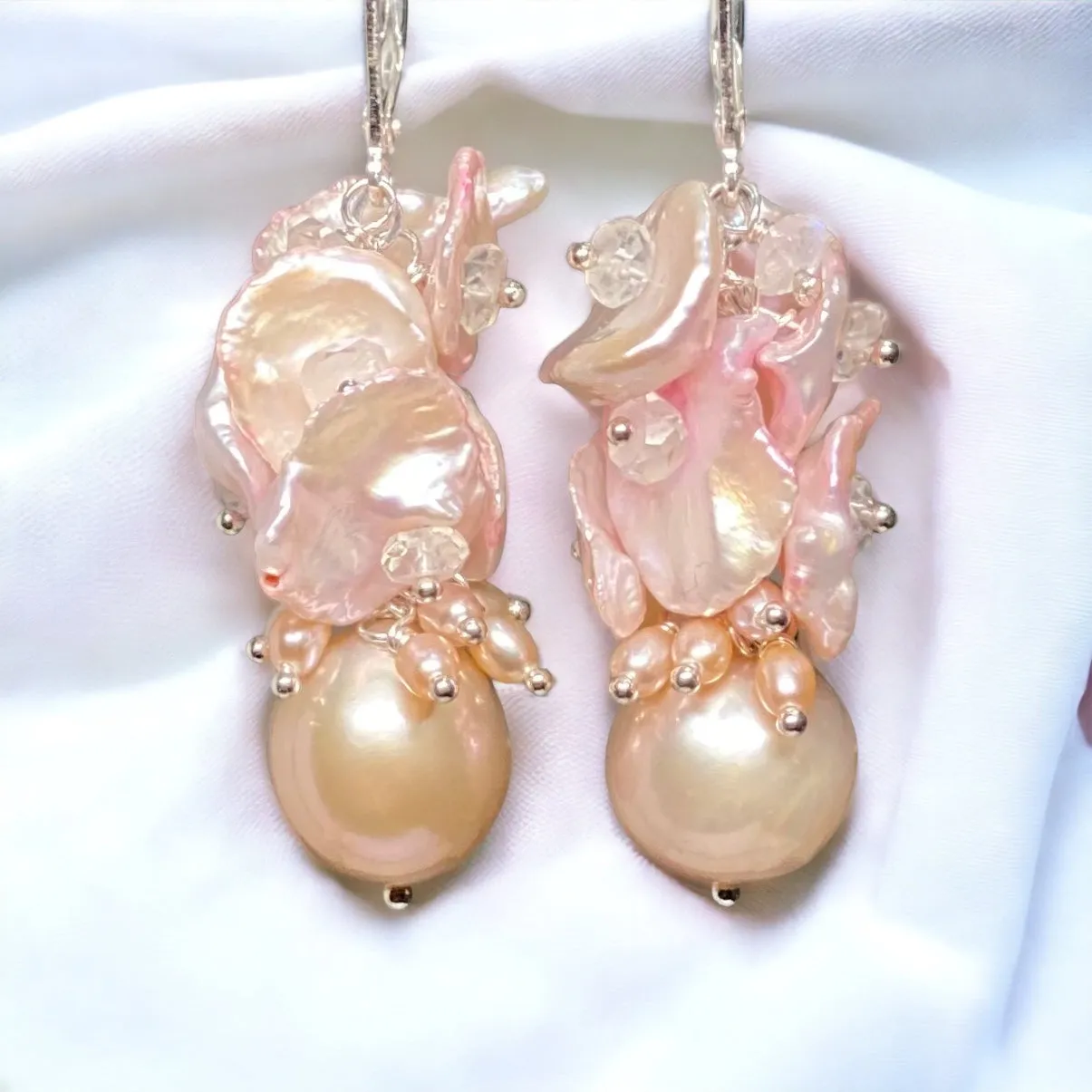 Pink Pearl Cluster Earrings, Blush Pink Keishi Pearls, Sterling Silver