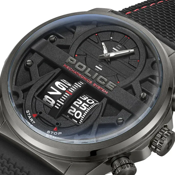 Police Rotorcrom Gents Black Dial IP Gun Stainless Steel Case Silicon Strap Watch
