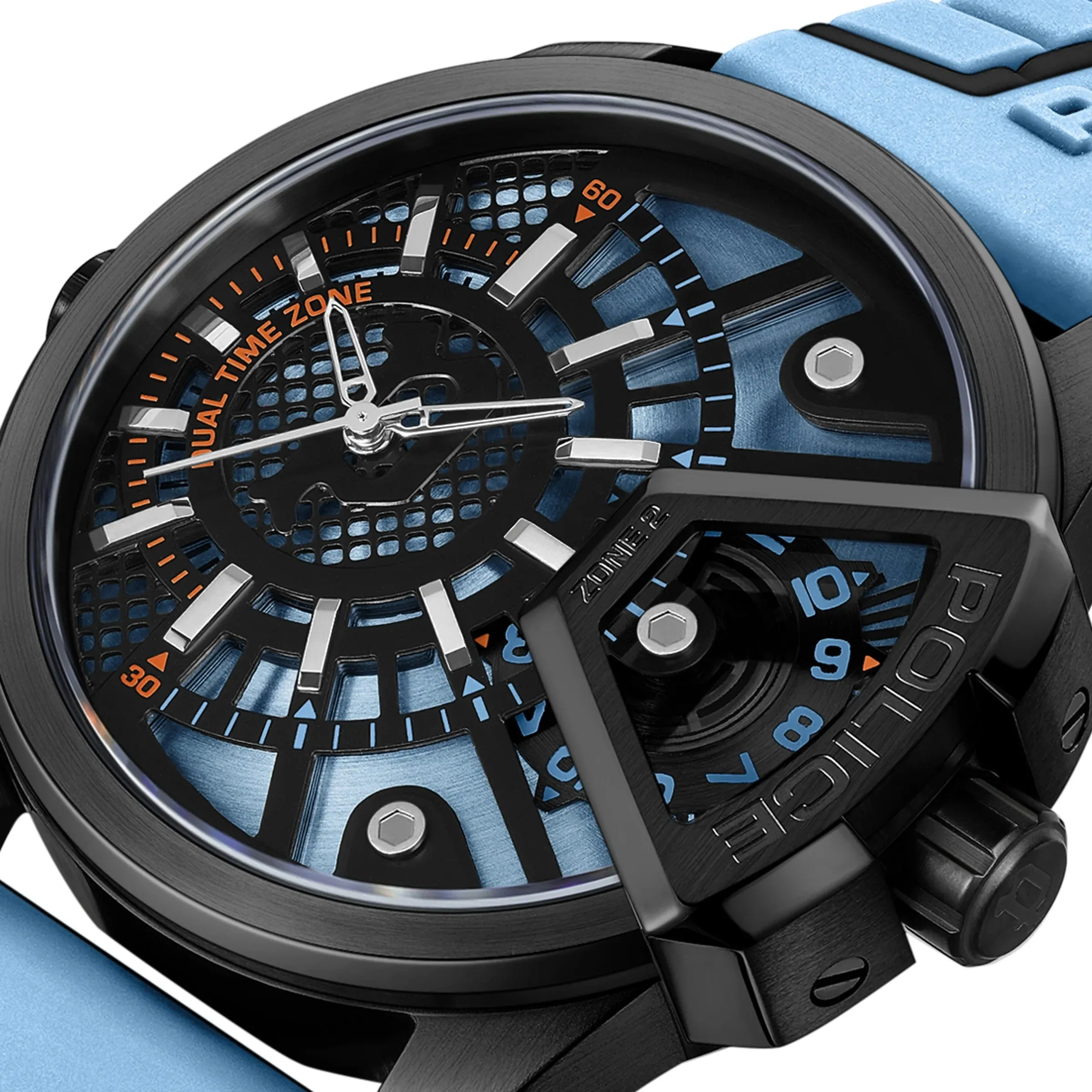 Police Underlined Gents Black Blue Dial Blue Silicone Strap Watch
