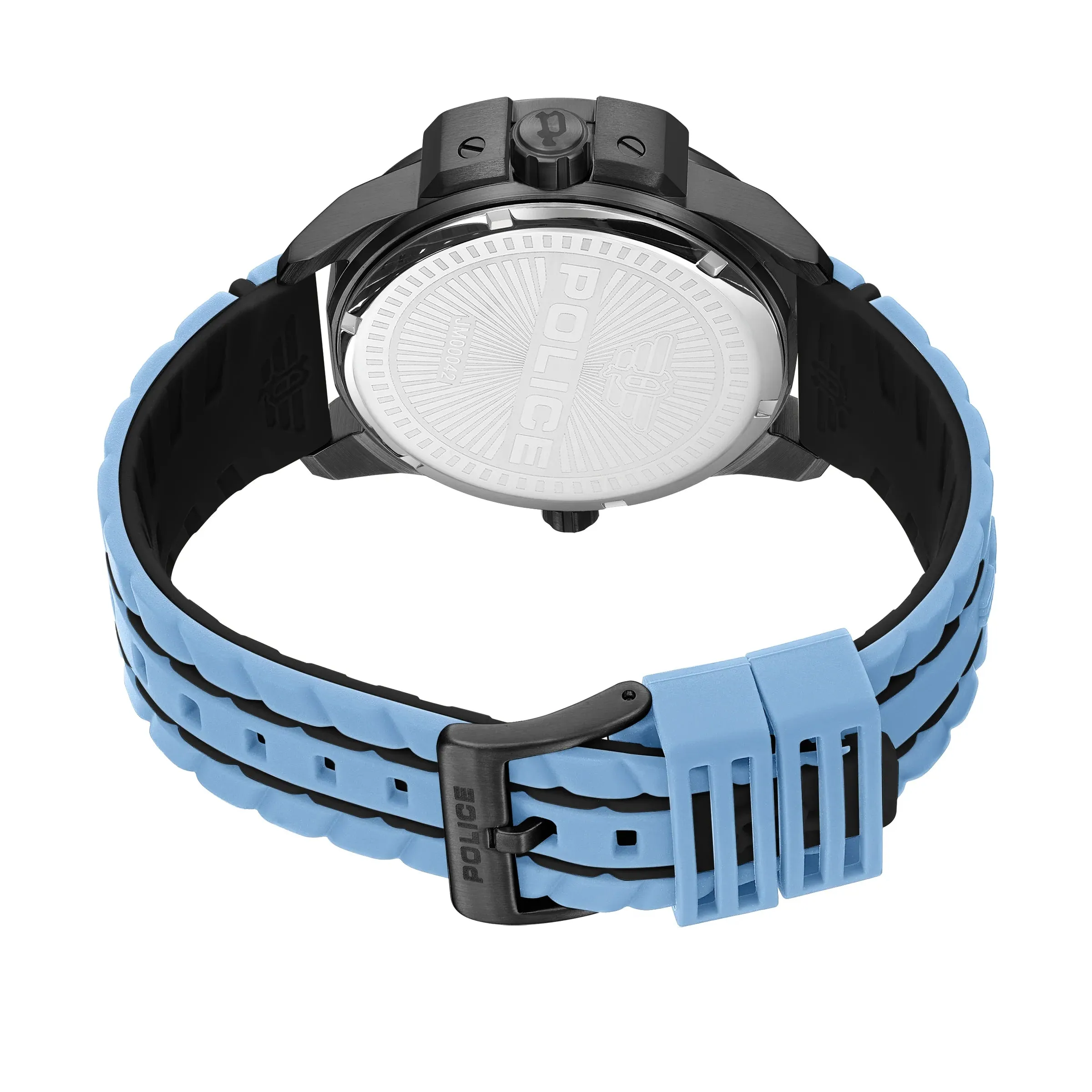 Police Underlined Gents Black Blue Dial Blue Silicone Strap Watch