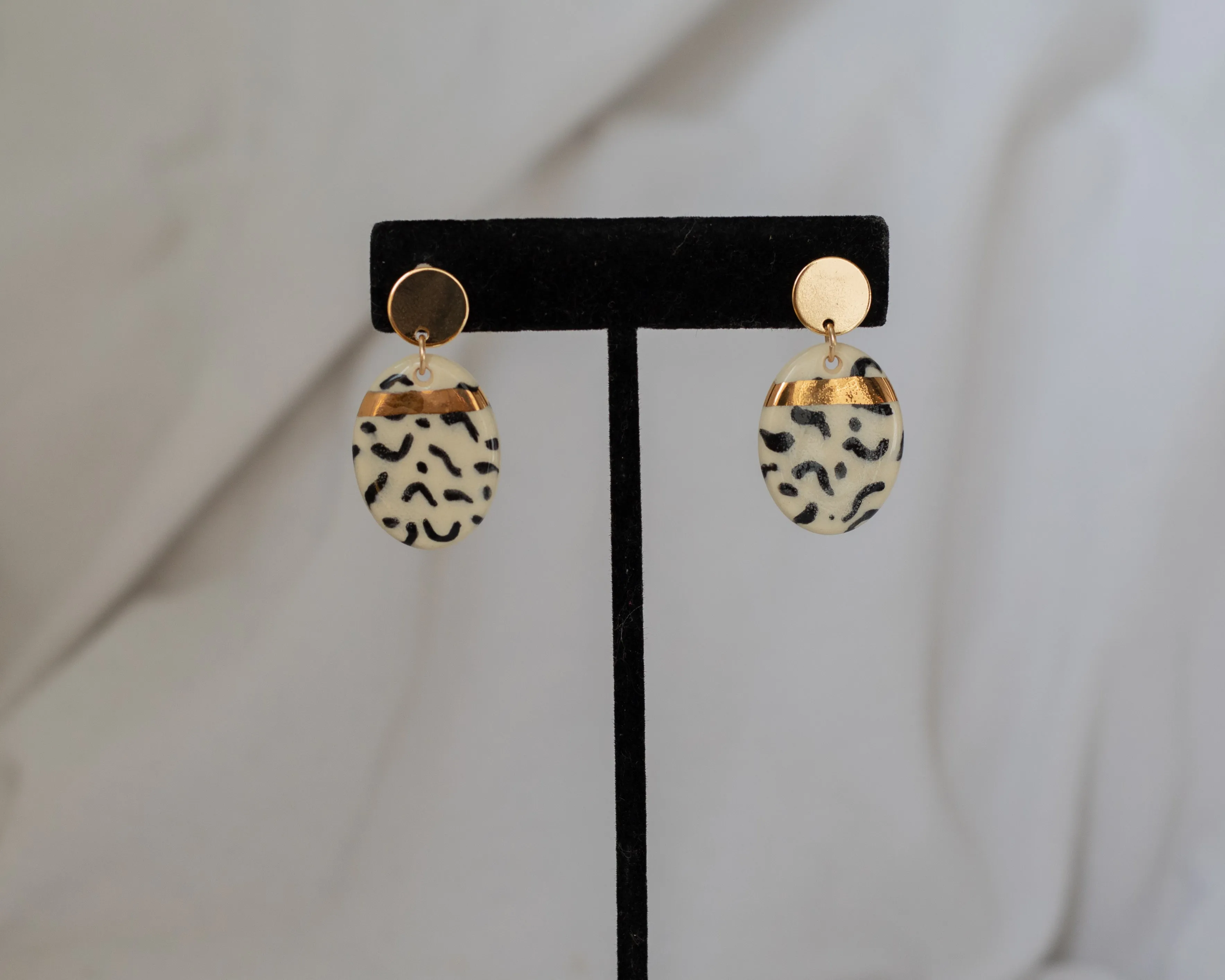 Porcelain and Gold Squiggle Oval Drop Earrings