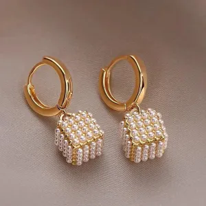 Premium Pearl Stereoscopic Square Pendant Earrings Eardrop party Girl’s Luxury