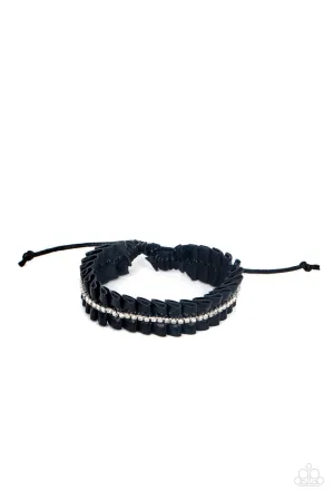 Pretty, Pretty PLEATS - Black - White Rhinestone Black Leather Paparazzi Pull-Cord Braceleet