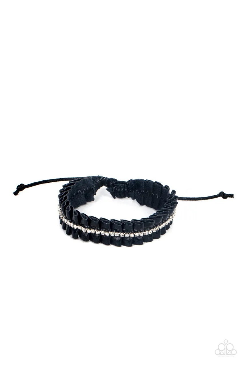 Pretty, Pretty PLEATS - Black - White Rhinestone Black Leather Paparazzi Pull-Cord Braceleet