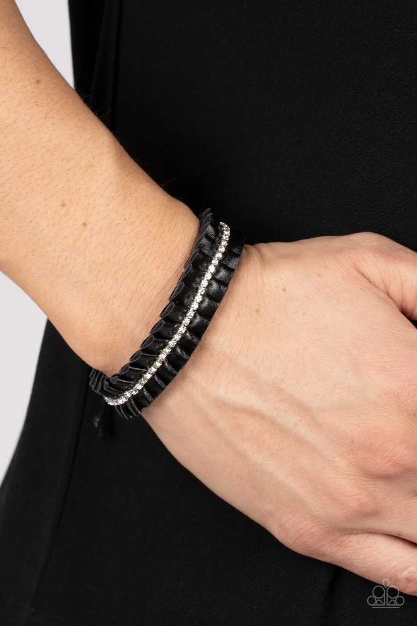 Pretty, Pretty PLEATS - Black - White Rhinestone Black Leather Paparazzi Pull-Cord Braceleet