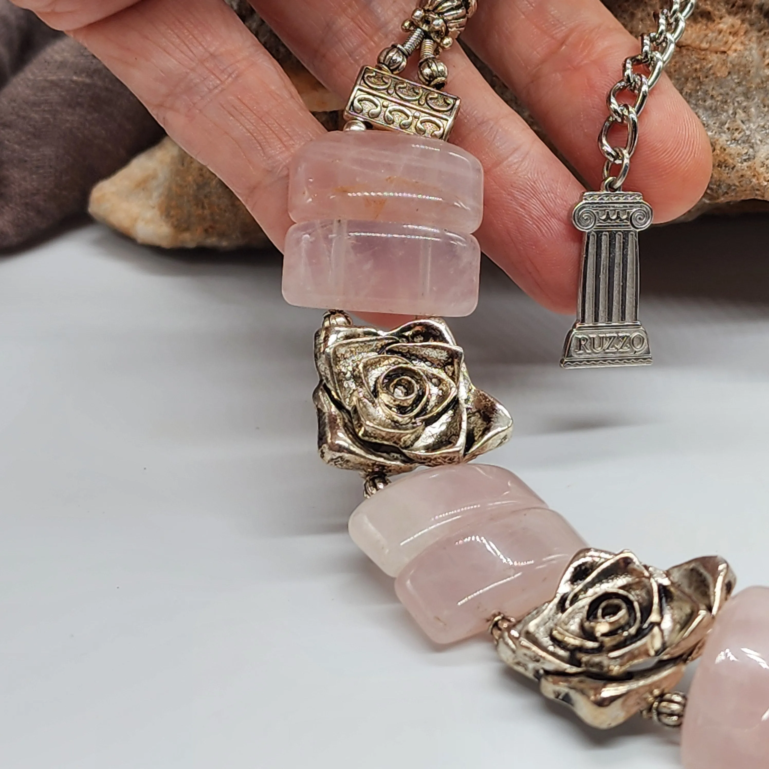Promises / Designer Jewelry Rose Quartz Silver Logo Genuine Rose Quartz Statement Necklace Boho Artisan Jewelry Gift Necklace