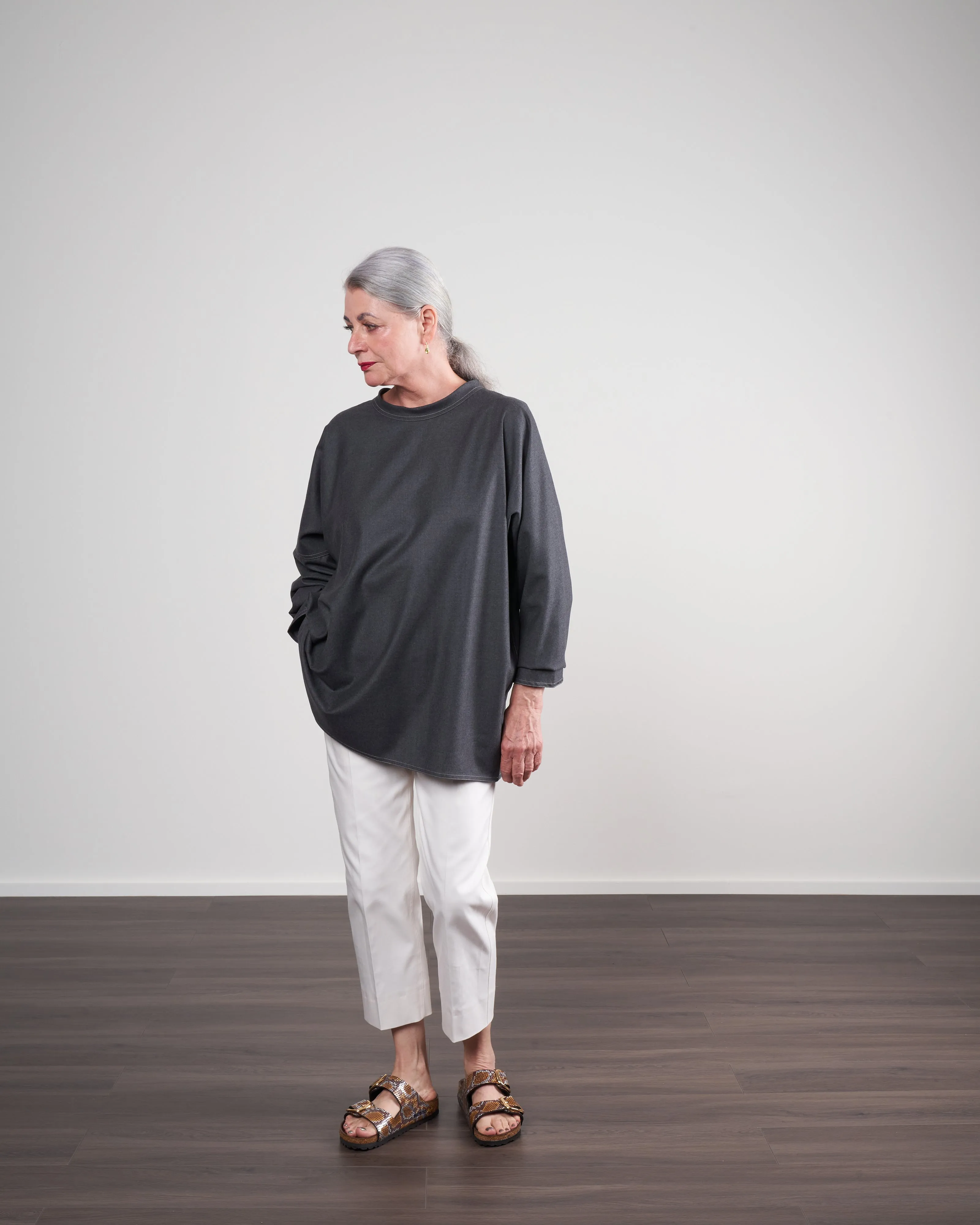 pullover sweater with topstitch - graphite