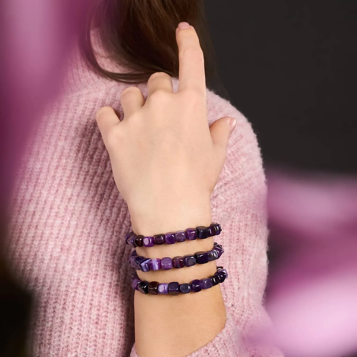 Purple Agate | Silver | Gemstone Pebble Macrame Bracelet